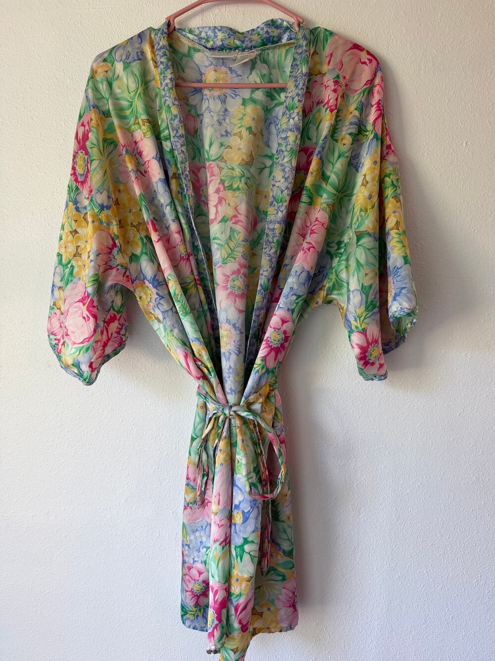 Vintage Sleep Solutions Pink Green Floral Silky Tie Up Robe Size Medium